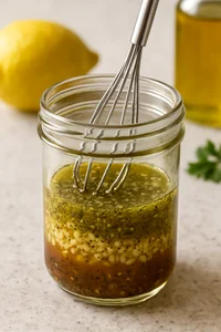 Lemon herb vinaigrette whisked in a bowl