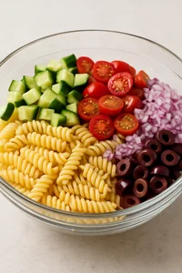 Pasta mixed with cucumber, tomatoes, onion, and olives