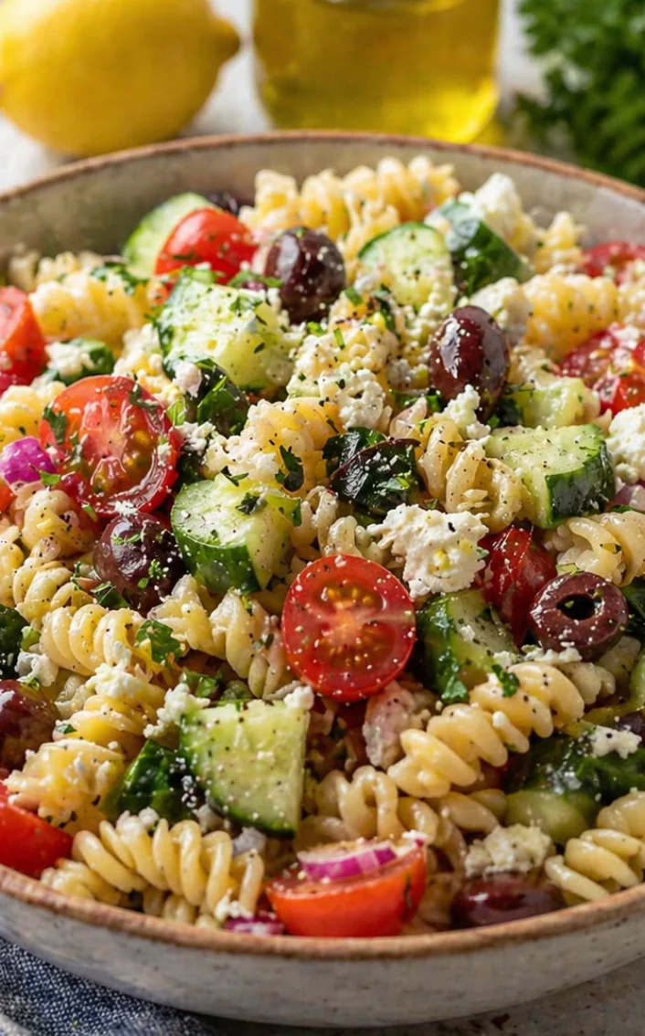 Zesty Mediterranean Pasta Salad with Feta and Lemon