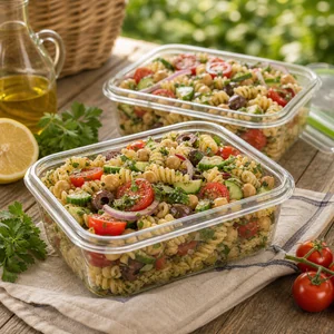Mediterranean pasta salad packed in clear containers