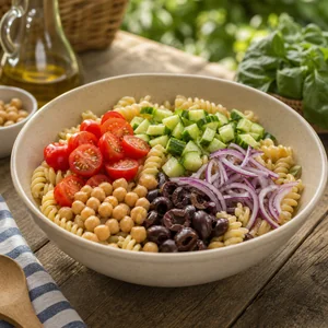 Pasta salad ingredients in a large bowl