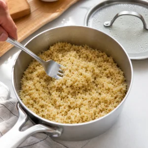 Cooked quinoa fluffed with a fork after resting