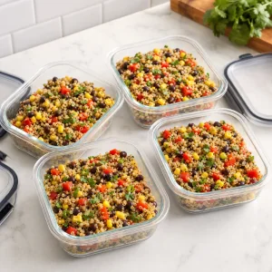 Quinoa black bean power bowls packed into four lunch containers