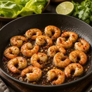 Marynowane krewetki rumienią się na gorącej patelni z płatkami chili