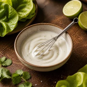 Gładki sos jogurtowo-limonkowy w misce z małą trzepaczką