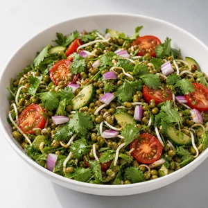 Fresh cilantro folded into mung bean salad