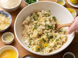 Tortitas de Gefilte Fish doradas con tahini y limón